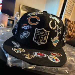New NFL Teams Patch Logos All-Over Black Fitted Hat 59FlFTY Era Baseball Cap